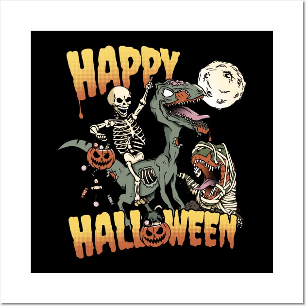 Skeleton Riding Zombie Dinosaur Happy Halloween Wall Art by NerdShizzle